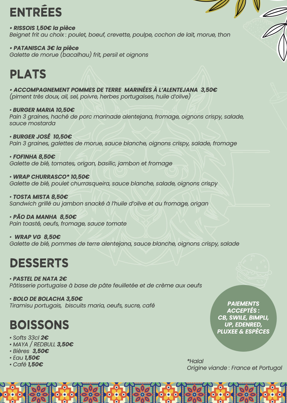 Menu les potes d'Auré, foodtruck portugais Montpellier